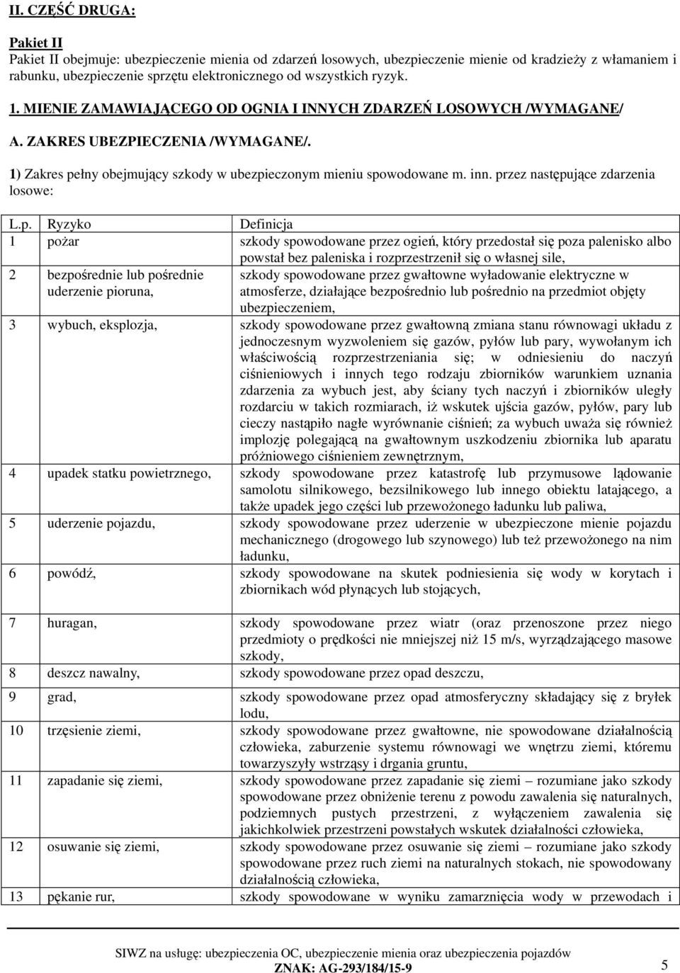 przez następujące zdarzenia losowe: L.p. Ryzyko Definicja 1 pożar szkody spowodowane przez ogień, który przedostał się poza palenisko albo powstał bez paleniska i rozprzestrzenił się o własnej sile,