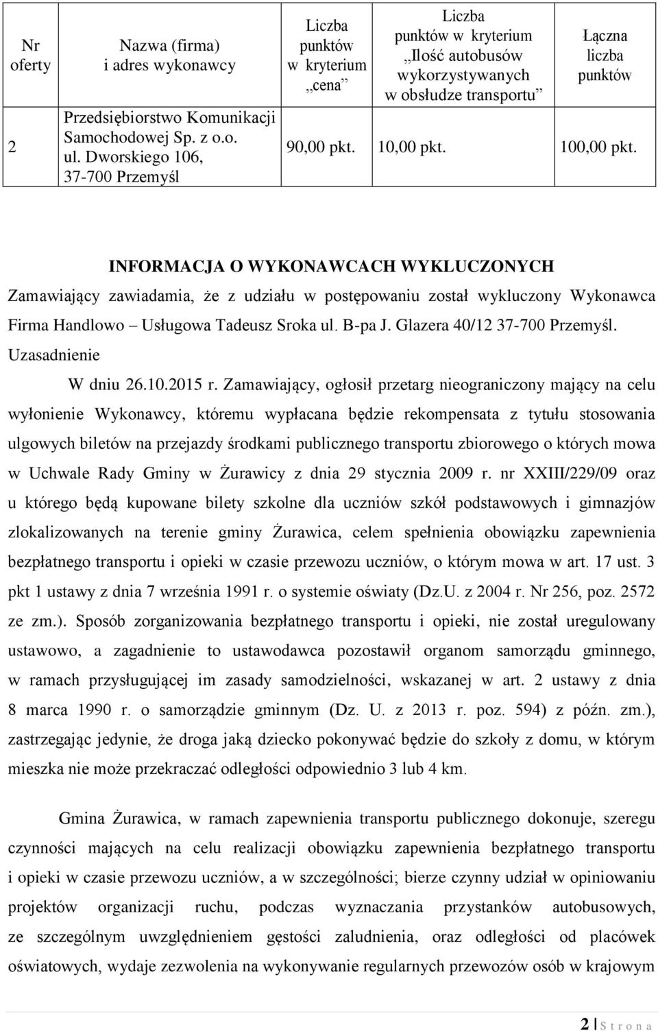 100,00 pkt. INFORMACJA O WYKONAWCACH WYKLUCZONYCH Zamawiający zawiadamia, że z udziału w postępowaniu został wykluczony Wykonawca Firma Handlowo Usługowa Tadeusz Sroka ul. B-pa J.
