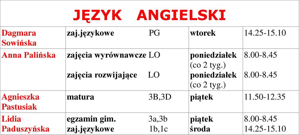 językowe PG zajęcia wyrównawcze LO (co 2 tyg.) 8.00-8.