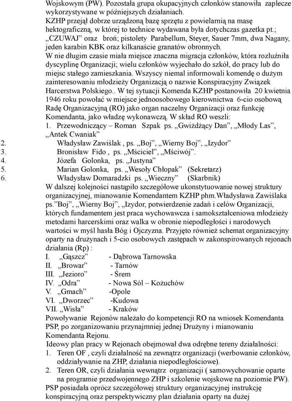 ; CZUWAJ oraz broń; pistolety Parabellum, Steyer, Sauer 7mm, dwa Nagany, jeden karabin KBK oraz kilkanaście granatów obronnych.