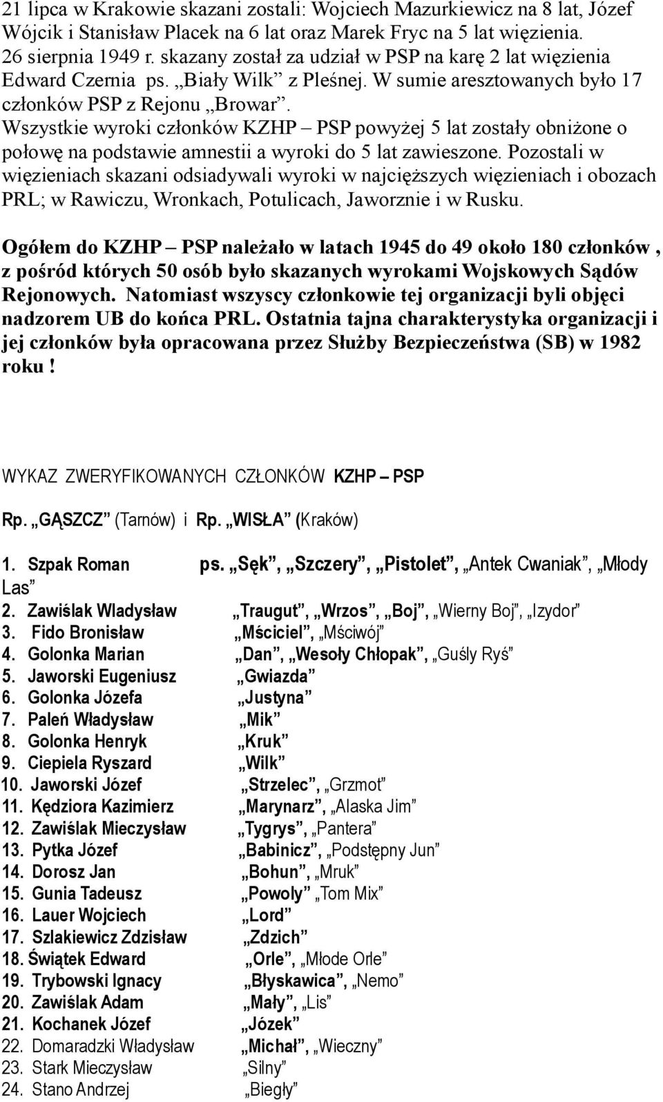 Wszystkie wyroki członków KZHP PSP powyżej 5 lat zostały obniżone o połowę na podstawie amnestii a wyroki do 5 lat zawieszone.