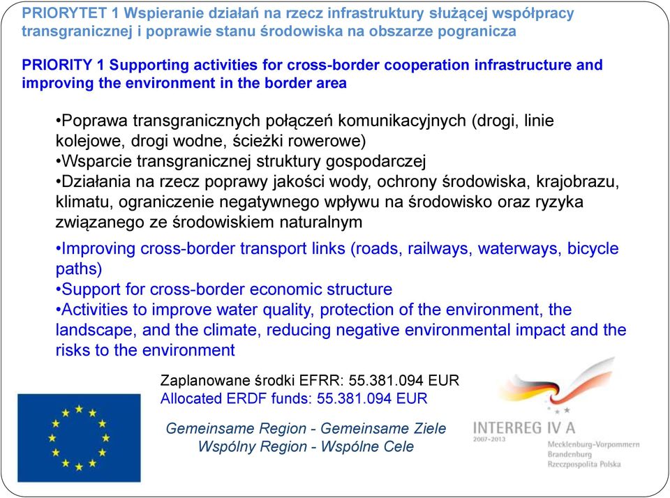 transgranicznej struktury gospodarczej Działania na rzecz poprawy jakości wody, ochrony środowiska, krajobrazu, klimatu, ograniczenie negatywnego wpływu na środowisko oraz ryzyka związanego ze