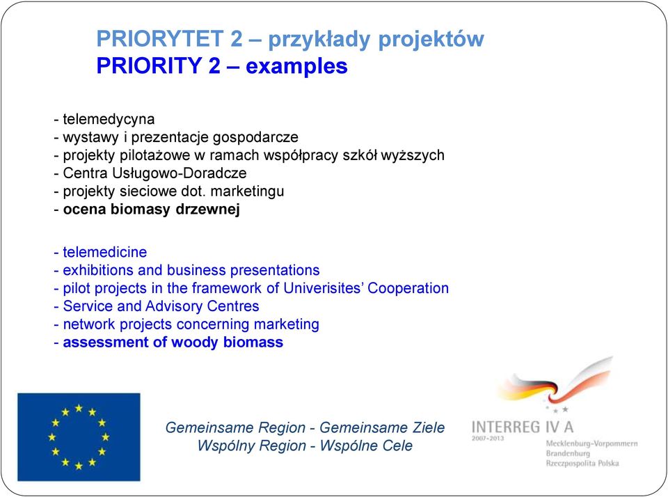 marketingu - ocena biomasy drzewnej - telemedicine - exhibitions and business presentations - pilot projects in the
