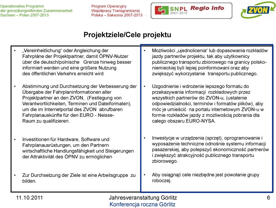 Verantwortlichkeiten, Terminen und Dateiformaten), um die im Internetportal des ZVON abrufbaren Fahrplanauskünfte für den EURO - Neisse- Raum zu qualifizieren.