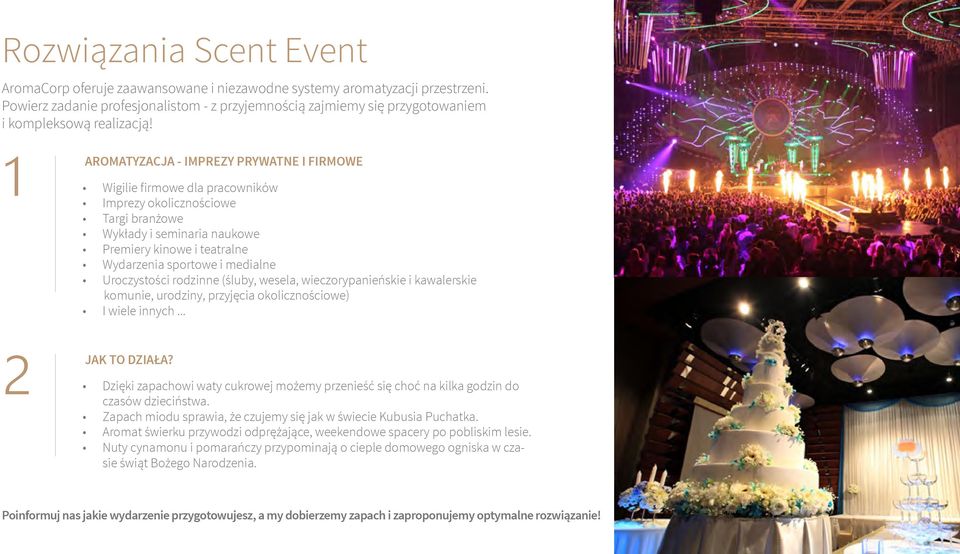 1 Aromatyzacja - imprezy prywatne i firmowe Wigilie firmowe dla pracowników Imprezy okolicznościowe Targi branżowe Wykłady i seminaria naukowe Premiery kinowe i teatralne Wydarzenia sportowe i