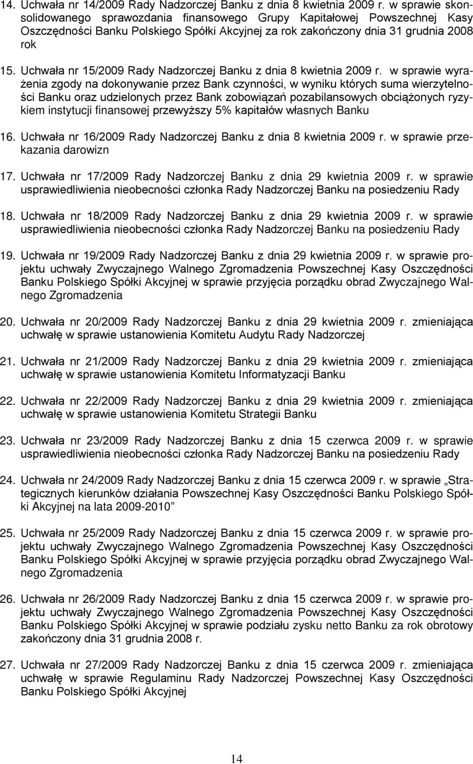 Uchwała nr 15/2009 Rady Nadzorczej Banku z dnia 8 kwietnia 2009 r.