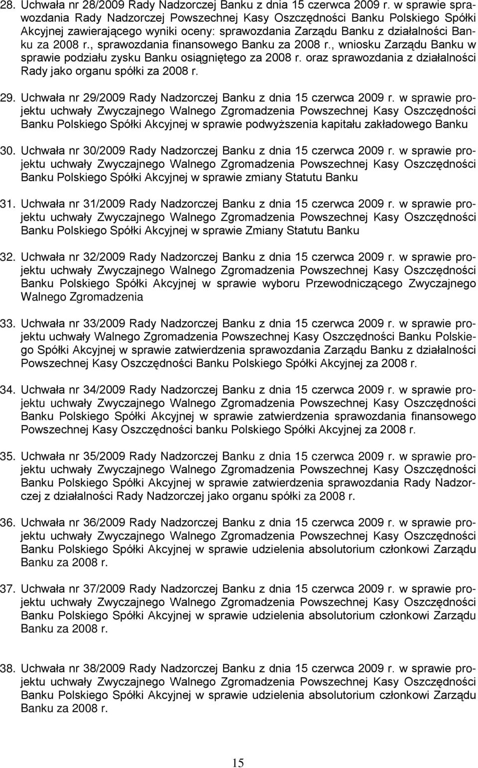 , sprawozdania finansowego Banku za 2008 r., wniosku Zarządu Banku w sprawie podziału zysku Banku osiągniętego za 2008 r. oraz sprawozdania z działalności Rady jako organu spółki za 2008 r. 29.