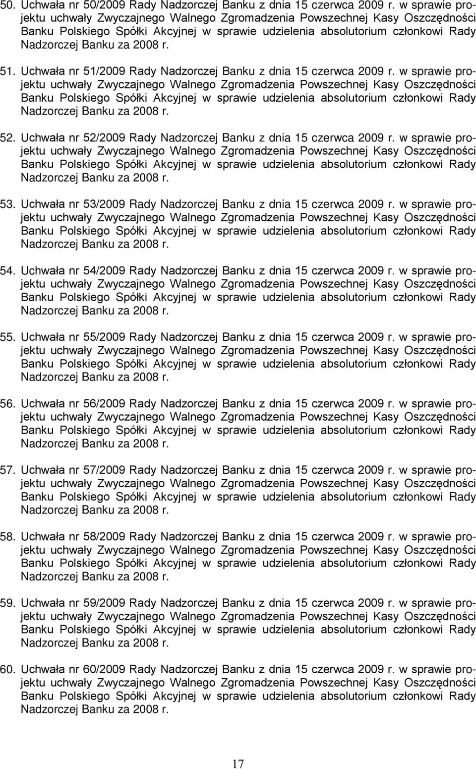 52. Uchwała nr 52/2009 Rady Nadzorczej Banku z dnia 15 czerwca 2009 r. w sprawie projektu Banku Polskiego Spółki Akcyjnej w sprawie udzielenia absolutorium członkowi Rady Nadzorczej Banku za 2008 r.