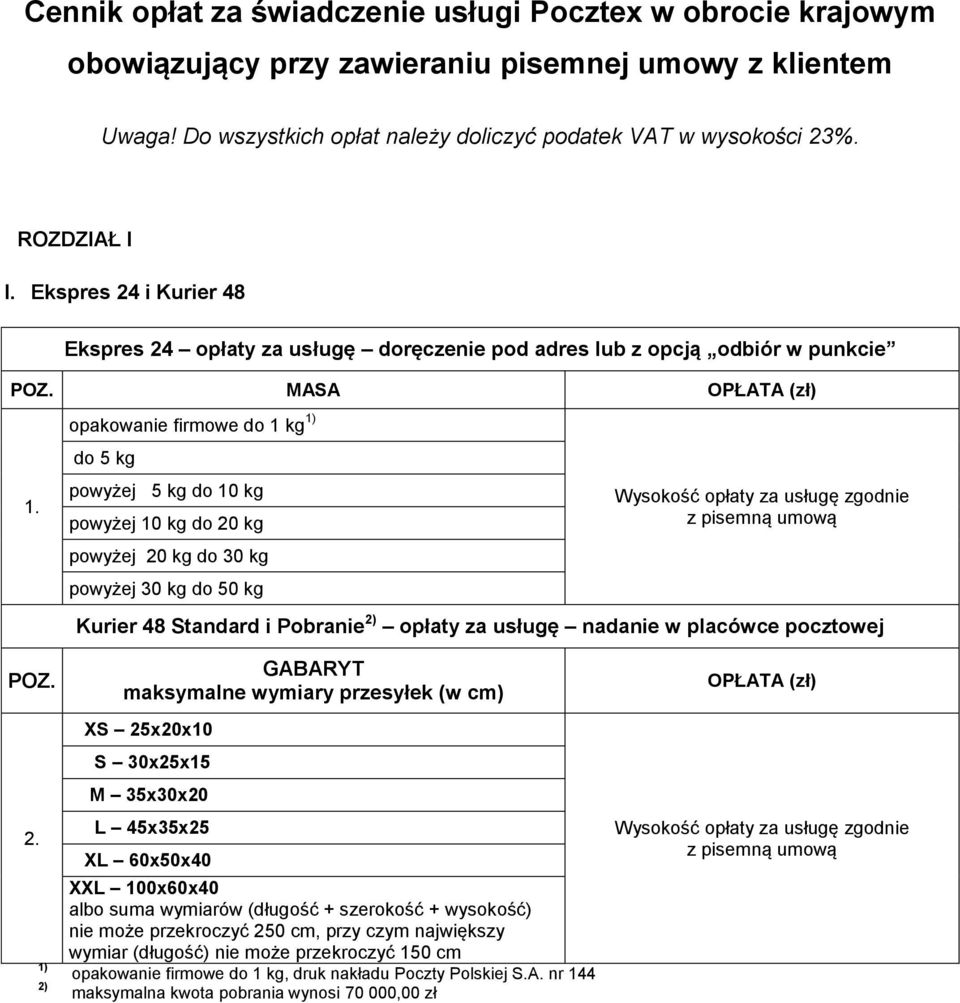 opakowanie firmowe do 1 kg 1) do 5 kg powyżej 5 kg do 10 kg powyżej 10 kg do 20 kg powyżej 20 kg do 30 kg powyżej 30 kg do 50 kg Wysokość opłaty za usługę zgodnie z pisemną umową Kurier 48 Standard i