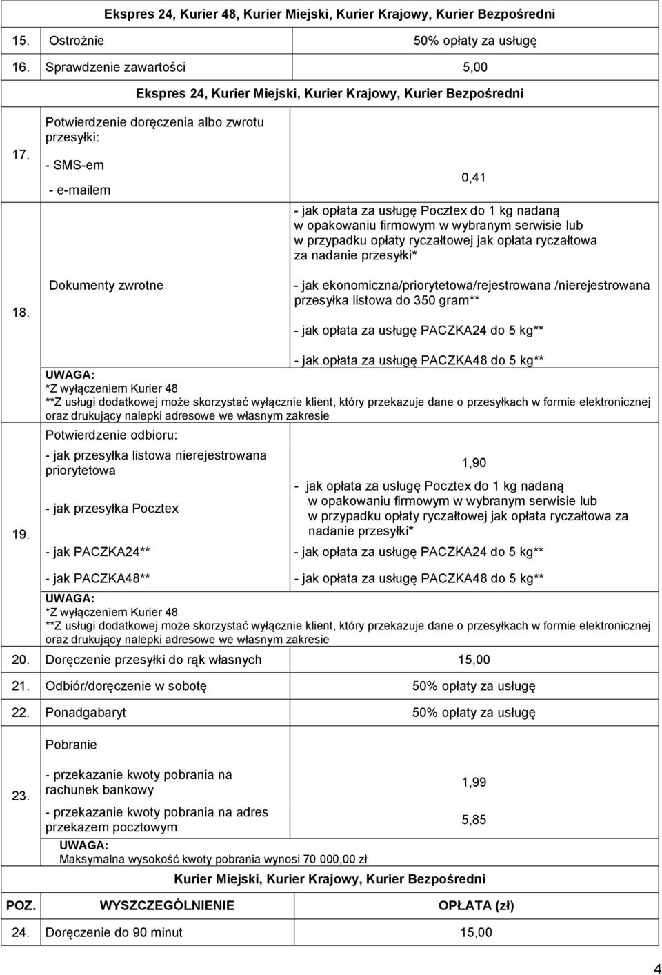 Potwierdzenie doręczenia albo zwrotu przesyłki: - SMS-em - e-mailem Dokumenty zwrotne 0,41 - jak opłata za usługę Pocztex do 1 kg nadaną w opakowaniu firmowym w wybranym serwisie lub w przypadku