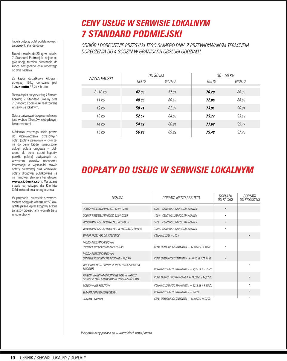 Za każdy dodatkowy kilogram powyżej 15 kg doliczane jest 1,86 zł netto / 2,29 zł brutto.