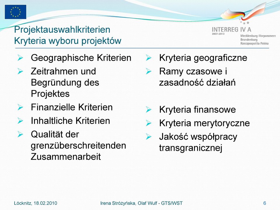 Zusammenarbeit Kryteria geograficzne Ramy czasowe i zasadność działań Kryteria finansowe Kryteria