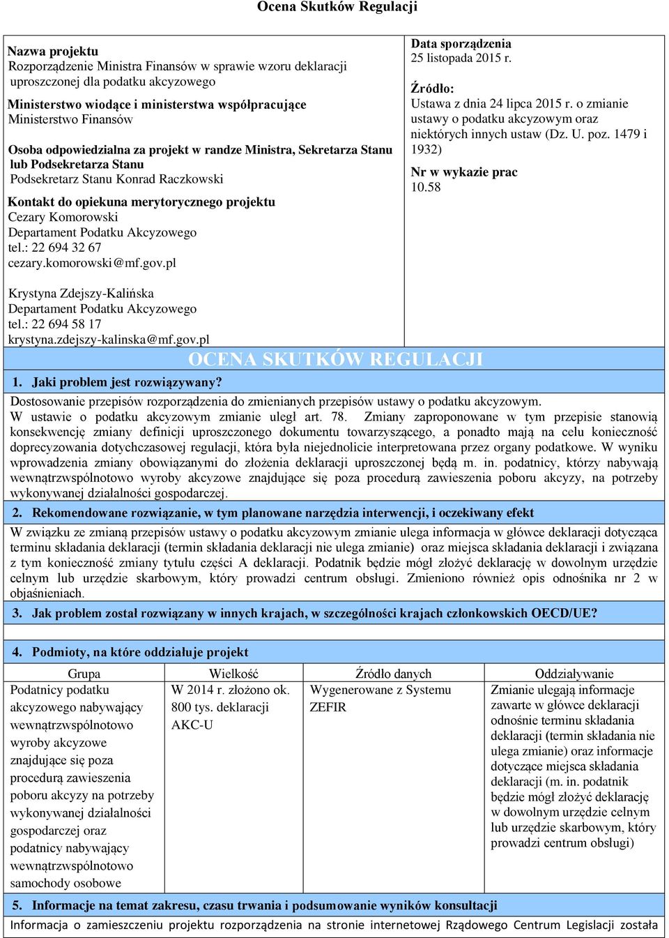 Departament Podatku Akcyzowego tel.: 22 694 32 67 cezary.komorowski@mf.gov.pl Data sporządzenia 25 listopada 2015 r. Źródło: Ustawa z dnia 24 lipca 2015 r.