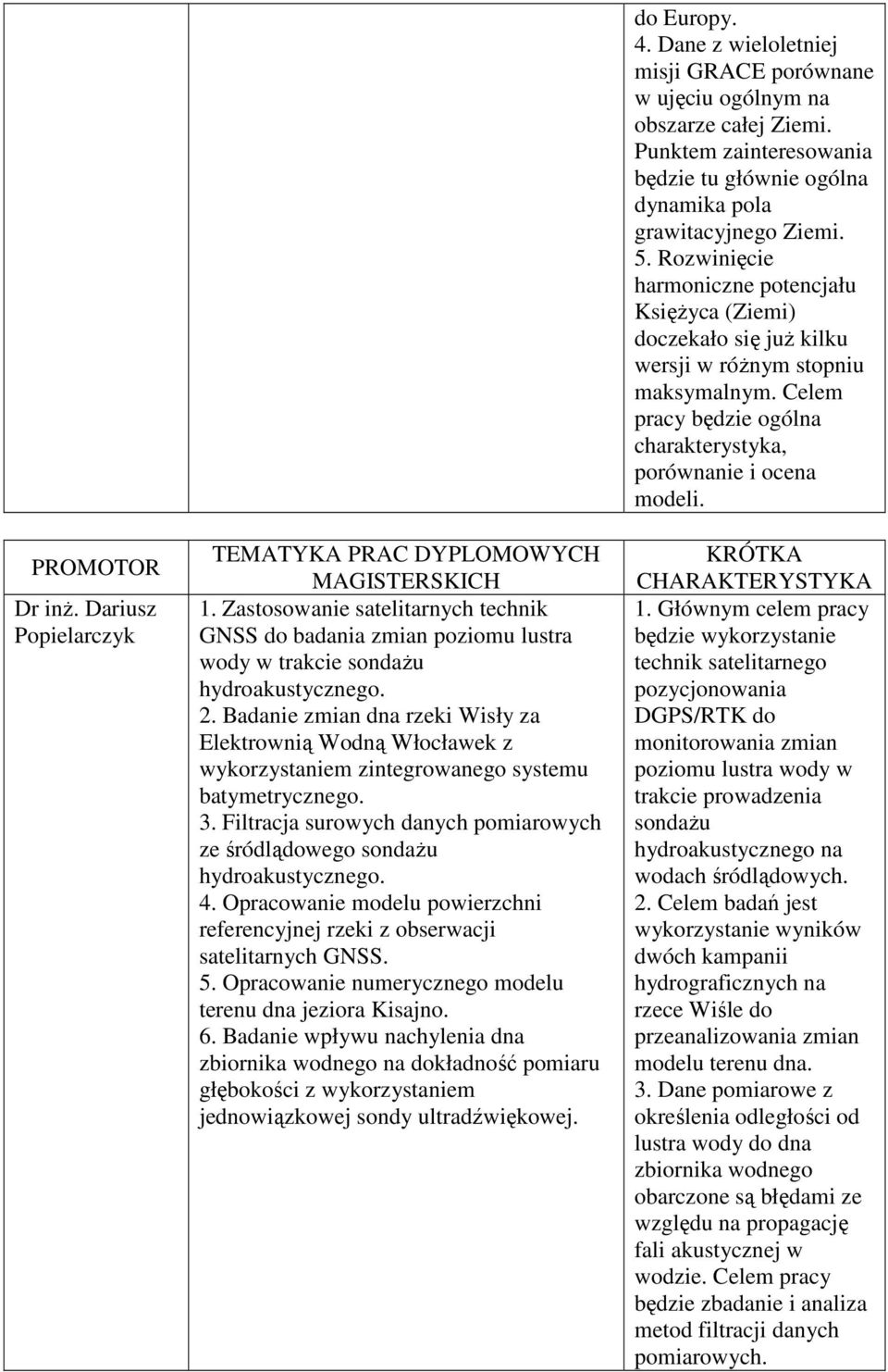 Filtracja surowych danych pomiarowych ze śródlądowego sondażu hydroakustycznego. 4. Opracowanie modelu powierzchni referencyjnej rzeki z obserwacji satelitarnych GNSS. 5.