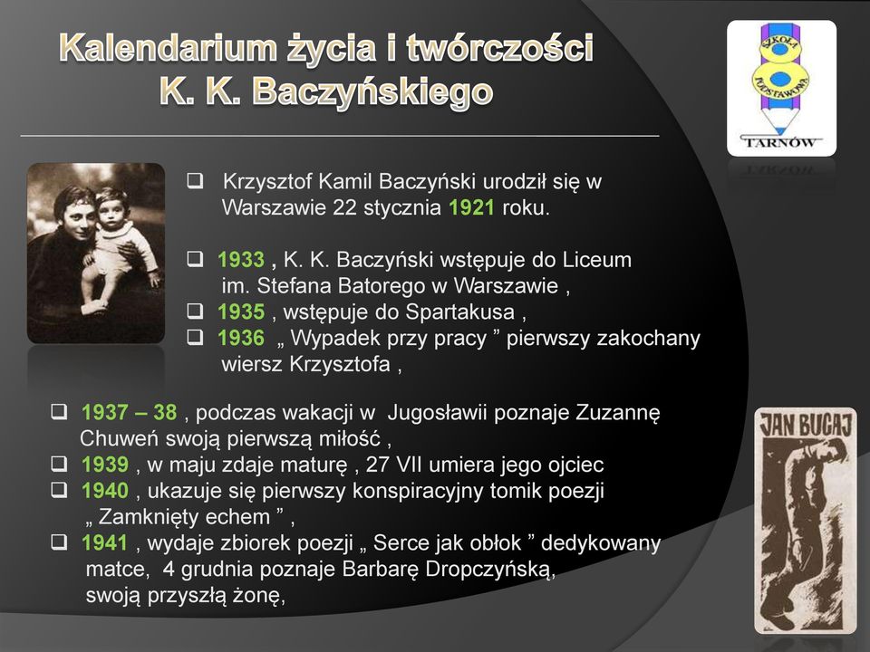 wakacji w Jugosławii poznaje Zuzannę Chuweń swoją pierwszą miłość, 1939, w maju zdaje maturę, 27 VII umiera jego ojciec 1940, ukazuje się