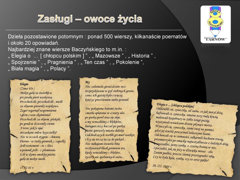 Przechodzili, przechodzili, nieśli za oknami piosenki wojskowe. Zegar wgarnął wspomnienie i górą czasu skamieniał. Przechodzili za oknem, płakali; po grudzie dzwoniły cienie.