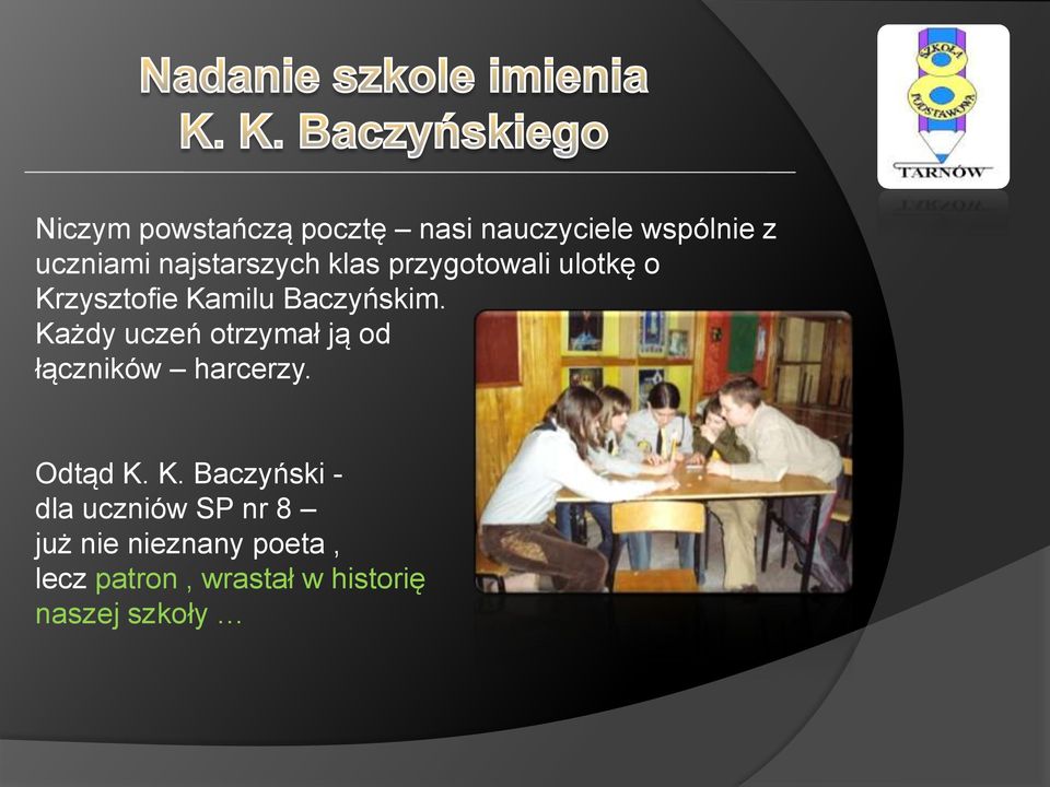 Każdy uczeń otrzymał ją od łączników harcerzy. Odtąd K.