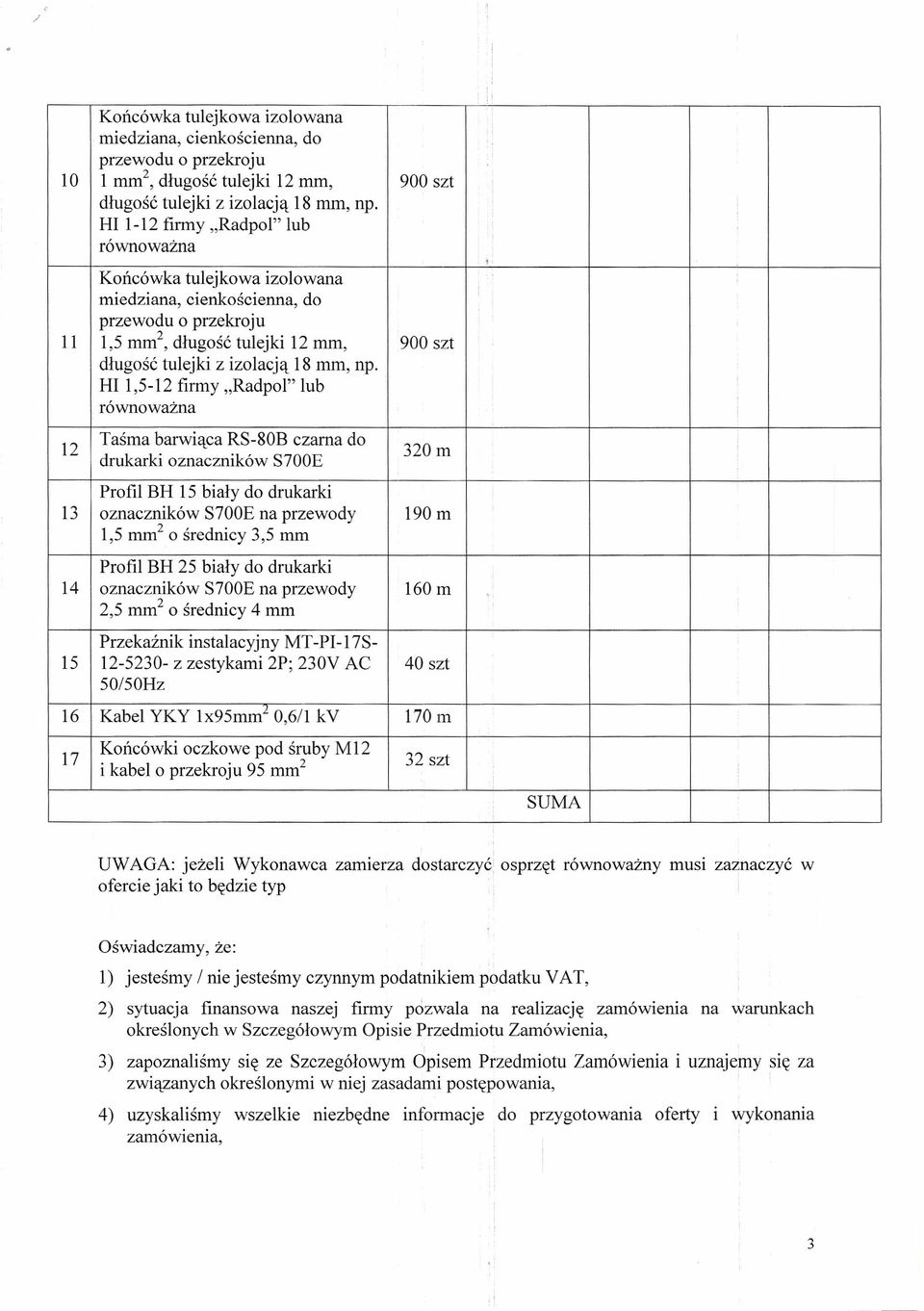 H 1,5-12 firmy "Radpol" lub równoważna, 12 Taśma barwiąca RS-80B czarna do drukarki oznaczników S700E 320m Profil BH 15 biały do drukarki 13 oznaczników S700E na przewody 190 m 1,5 mm 2 o średnicy