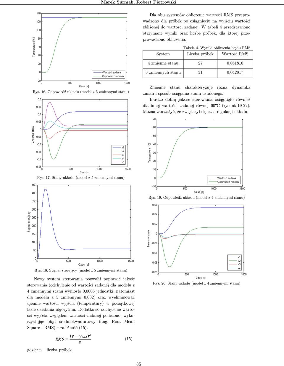 Wyniki obliczenia błędu RMS System Liczba próbek Wartość RMS 4 zmienne stanu 27 0,051816 5 zmiennych stanu 31 0,042817 Rys. 16.