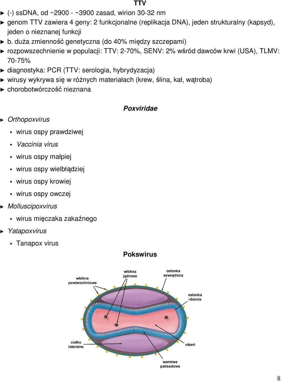 serologia, hybrydyzacja) wirusy wykrywa się w róŝnych materiałach (krew, ślina, kał, wątroba) chorobotwórczość nieznana Poxviridae Orthopoxvirus wirus ospy prawdziwej