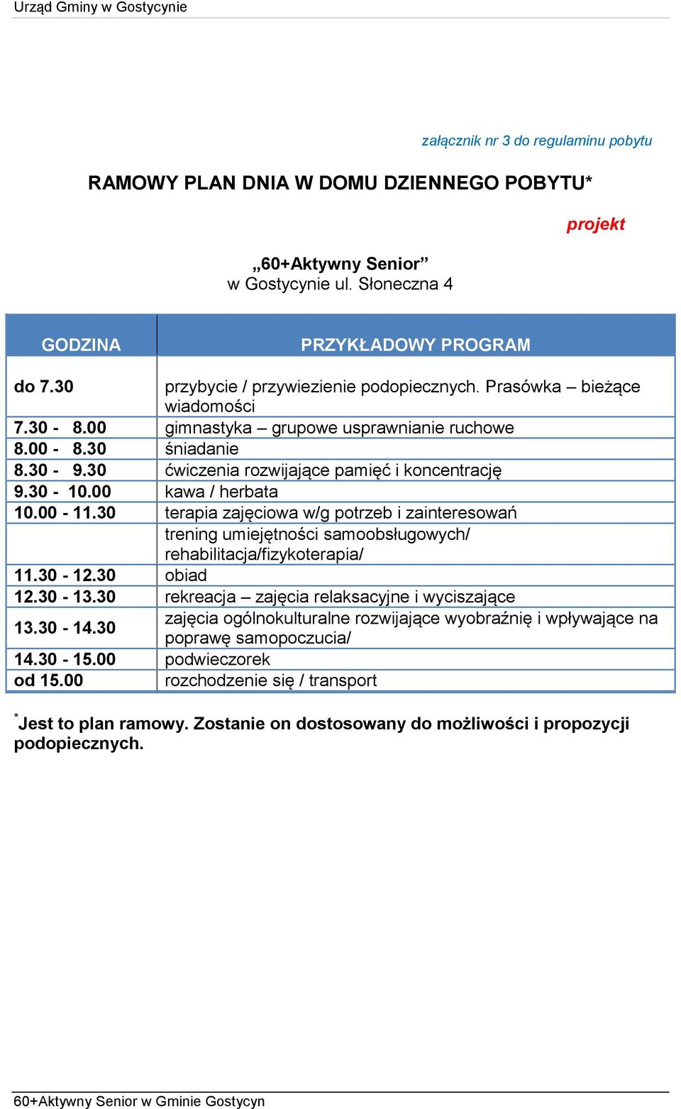 30 terapia zajęciowa w/g potrzeb i zainteresowań trening umiejętności samoobsługowych/ rehabilitacja/fizykoterapia/ 11.30-12.30 obiad 12.30-13.30 rekreacja zajęcia relaksacyjne i wyciszające 13.
