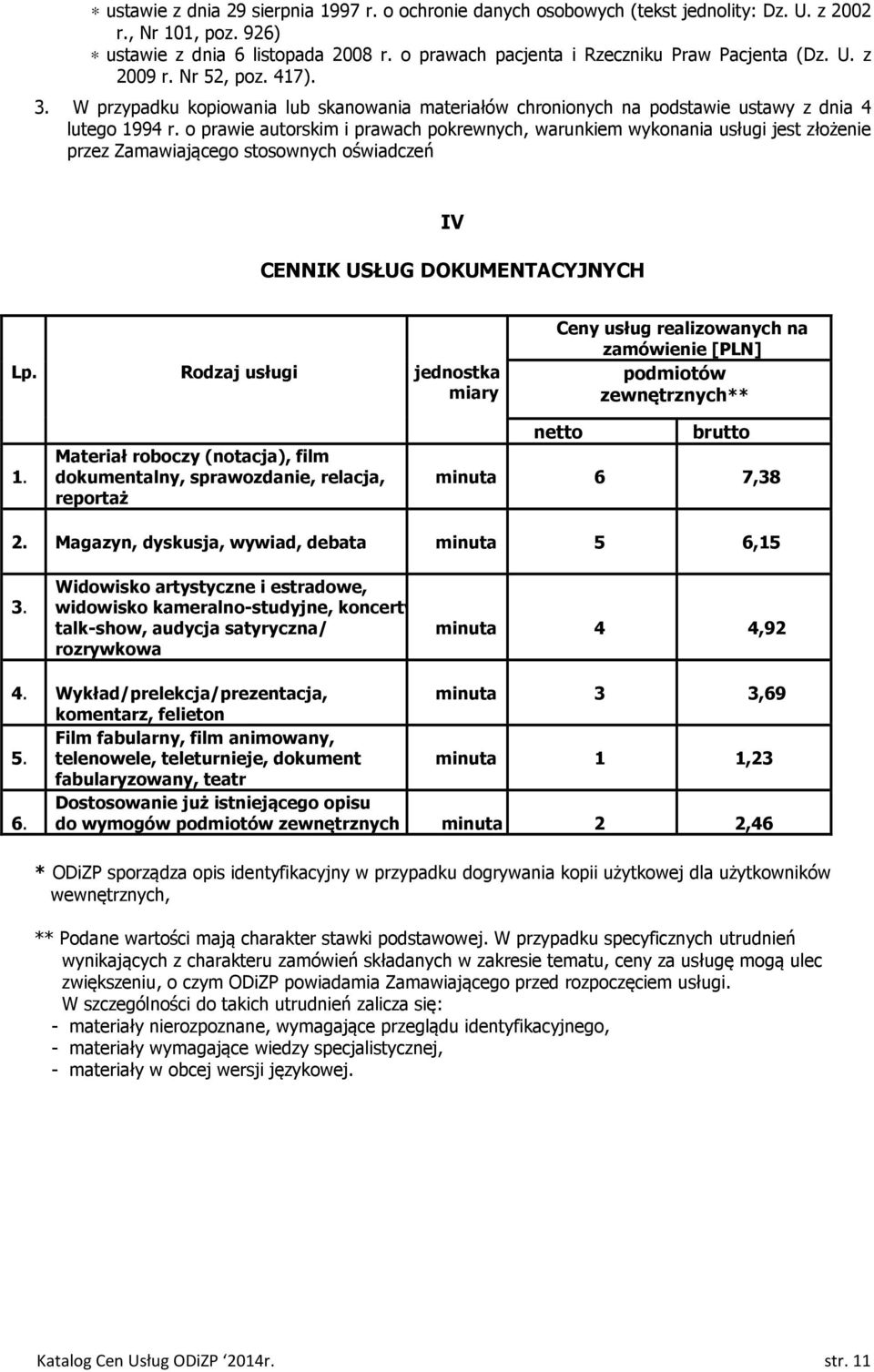 o prawie autorskim i prawach pokrewnych, warunkiem wykonania usługi jest złożenie przez Zamawiającego stosownych oświadczeń IV CENNIK USŁUG DOKUMENTACYJNYCH Lp.