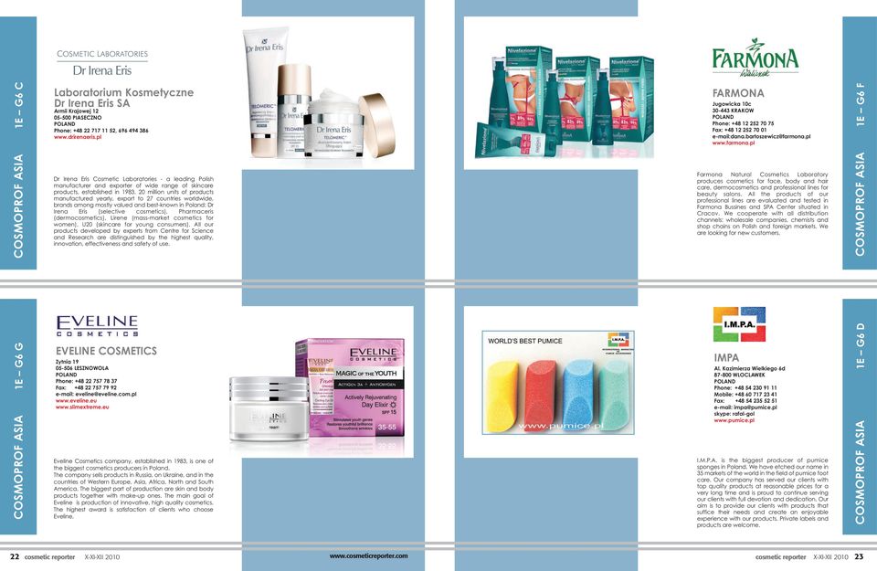 20 million units of products manufactured yearly, export to 27 countries worldwide, brands among mostly valued and best-known in Poland: Dr Irena Eris (selective cosmetics), Pharmaceris