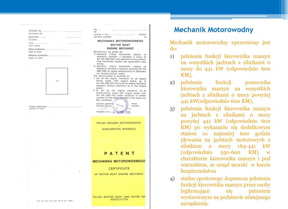 (odpowiednio 600 KM) po wykazaniu się dodatkowym stażem co najmniej 600 godzin pływania na jachtach motorowych z silnikiem 0 mocy 184-441 kw (odpowiednio 250-600 KM) w charakterze kierownika maszyn