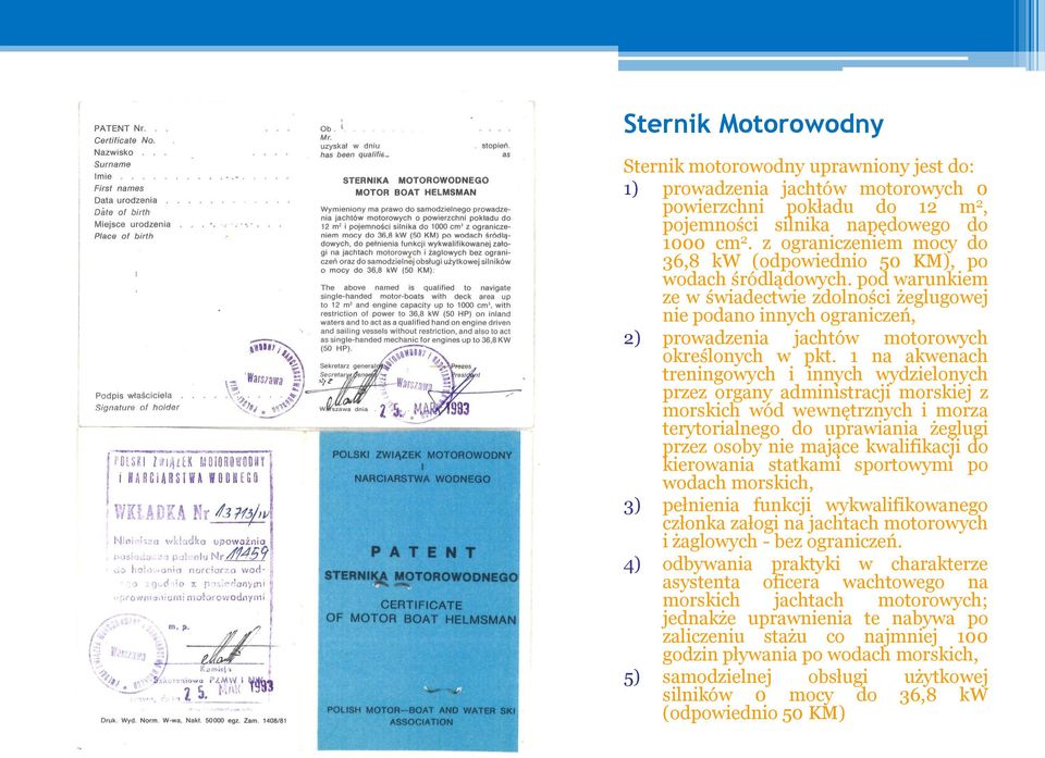 pod warunkiem ze w świadectwie zdolności żeglugowej nie podano innych ograniczeń, 2) prowadzenia jachtów motorowych określonych w pkt.