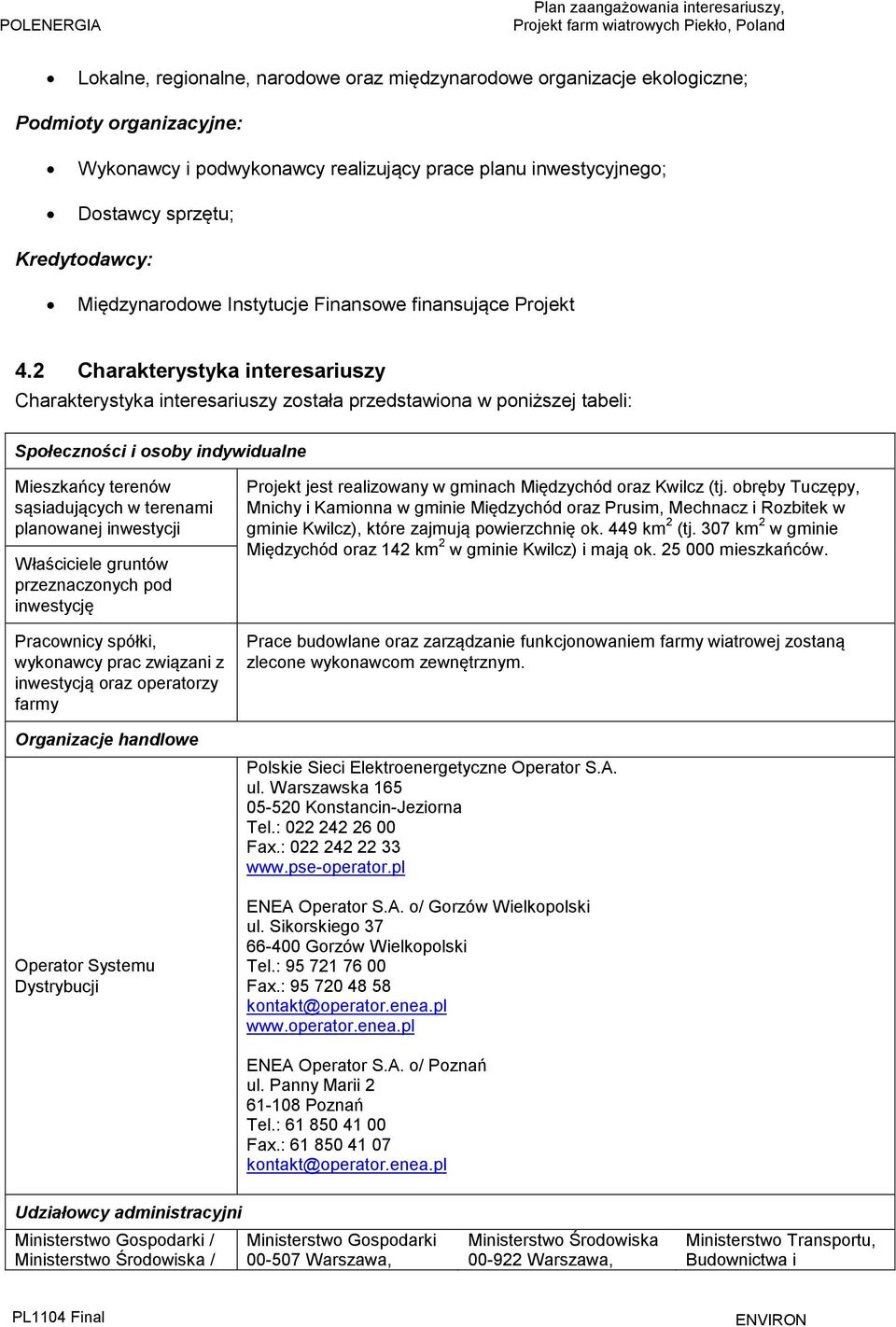 2 Charakterystyka interesariuszy Charakterystyka interesariuszy została przedstawiona w poniższej tabeli: Społeczności i osoby indywidualne Mieszkańcy terenów sąsiadujących w terenami planowanej