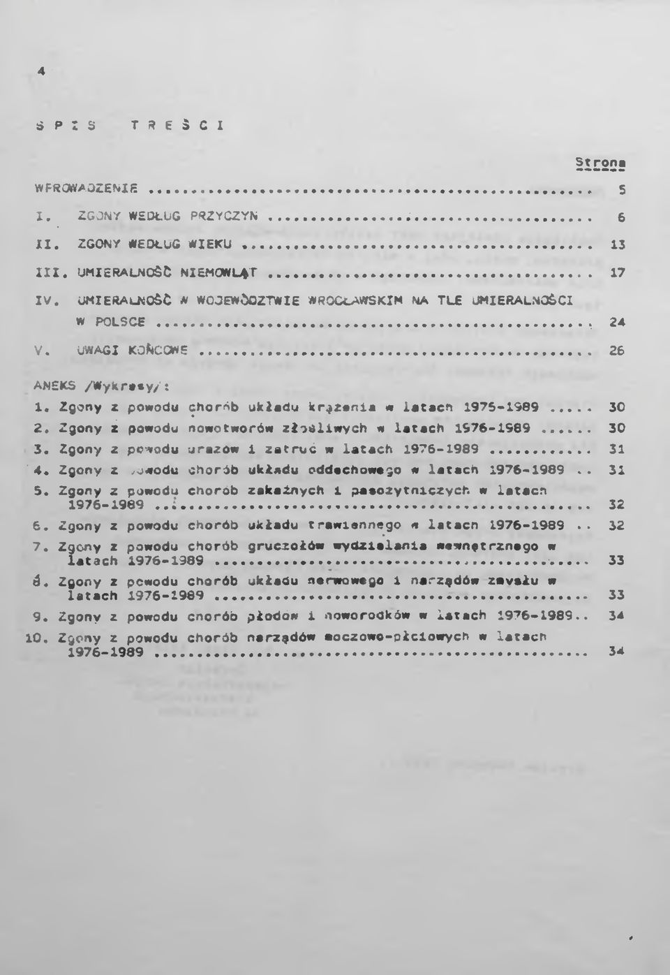 Zgony z powodu nowotworów złośliwych w latach 1576-1989... 30 3. Zgony z powodu urazów i zatruć w latach 1976-1989... 31 4. Zgony z.uwodu chorób układu oddechowego w lat men 1976-1989.. 31 5.