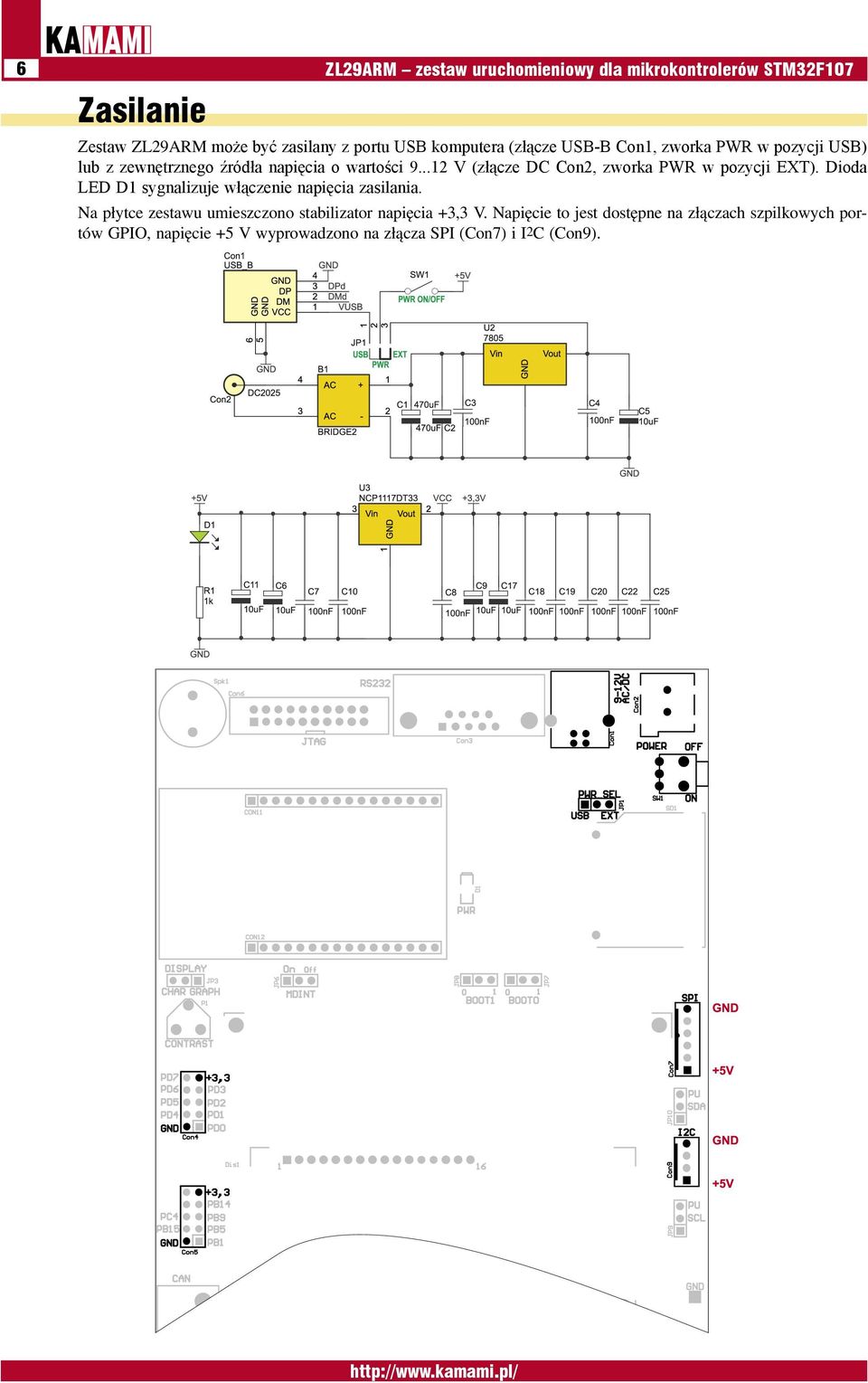 ..12 V (złącze DC Con2, zworka PWR w pozycji EXT). Dioda LED D1 sygnalizuje włączenie napięcia zasilania.