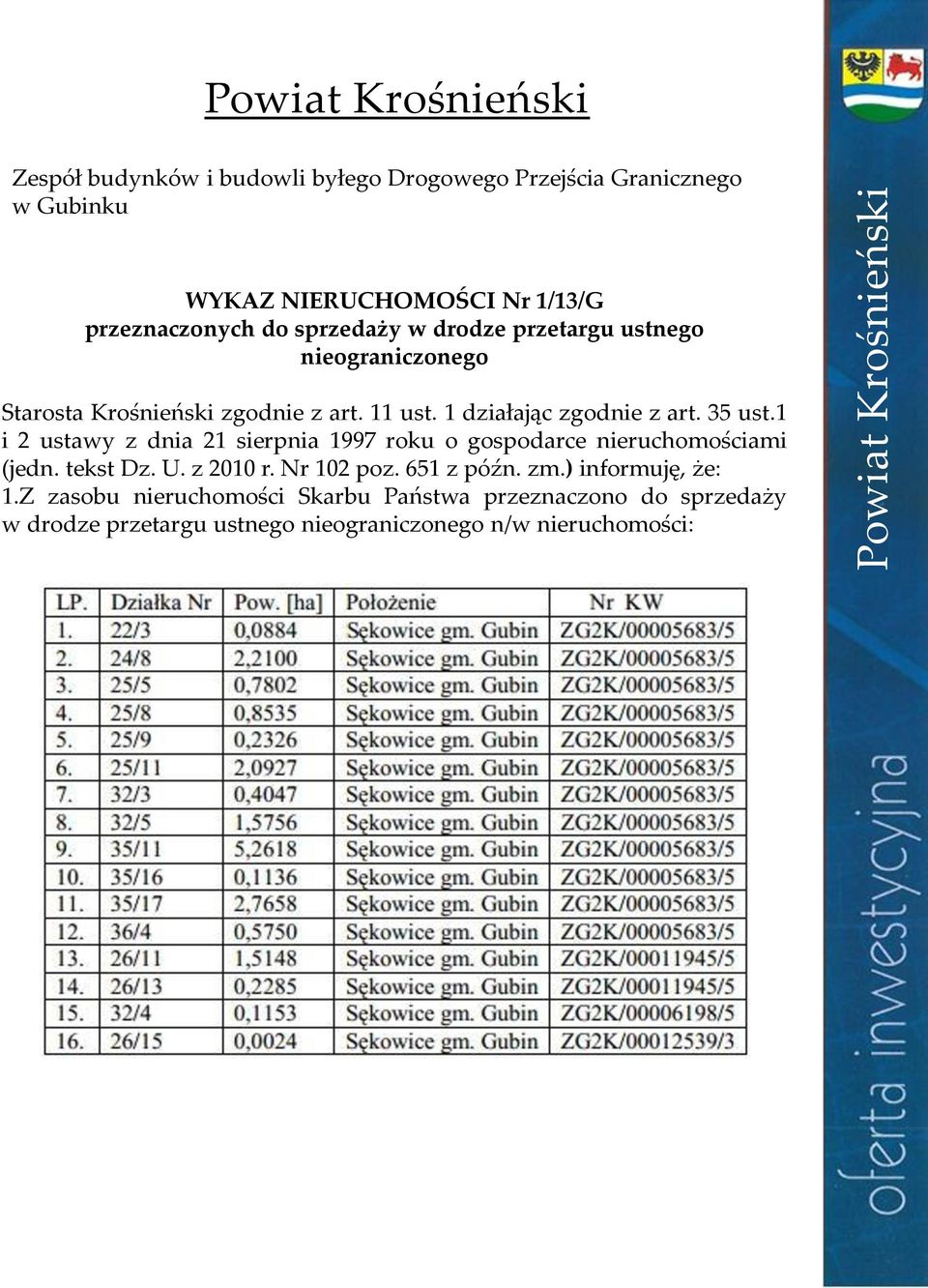 1 działając zgodnie z art. 35 ust.1 i 2 ustawy z dnia 21 sierpnia 1997 roku o gospodarce nieruchomościami (jedn. tekst Dz. U. z 2010 r.