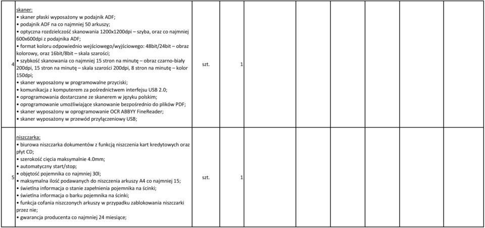 minutę skala szarości 200dpi, 8 stron na minutę kolor 150dpi; skaner wyposażony w programowalne przyciski; komunikacja z komputerem za pośrednictwem interfejsu USB 2.