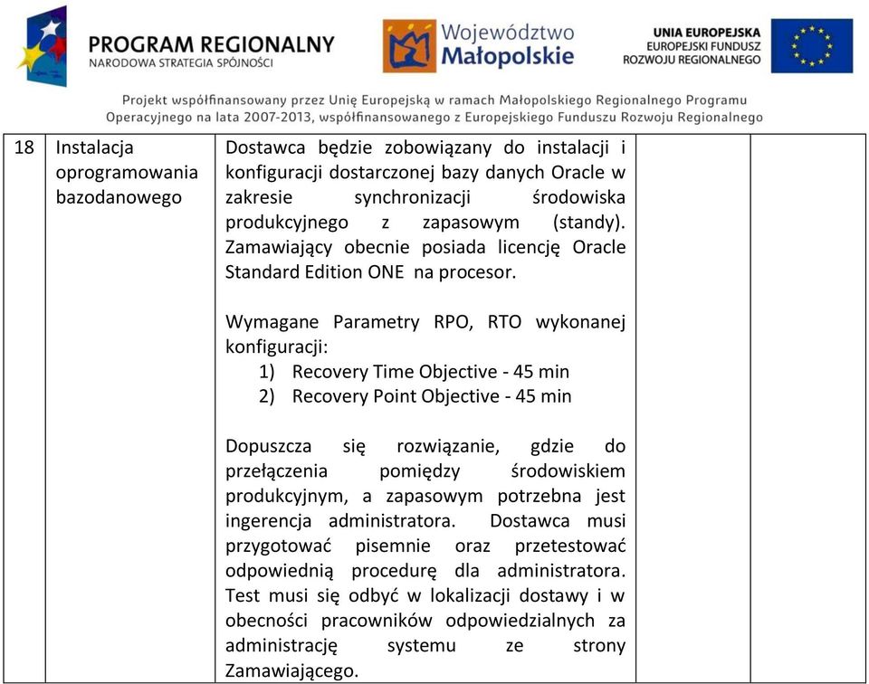 Wymagane Parametry RPO, RTO wykonanej konfiguracji: 1) Recovery Time Objective - 45 min 2) Recovery Point Objective - 45 min Dopuszcza się rozwiązanie, gdzie do przełączenia pomiędzy