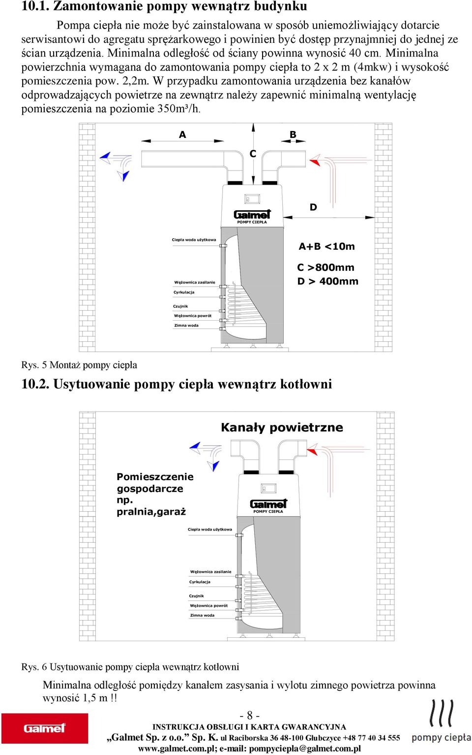 ze ścian urządzenia. Minimalna odległość od ściany powinna wynosić 40 cm. Minimalna powierzchnia wymagana do zamontowania pompy ciepła to 2 x 2 m (4mkw) i wysokość pomieszczenia pow. 2,2m.