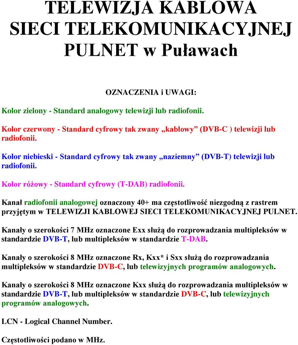 Kolor różowy - Standard cyfrowy (T-DAB) radiofonii. Kanał radiofonii analogowej oznaczony 40+ ma częstotliwość niezgodną z rastrem przyjętym w TELEWIZJI KABLOWEJ SIECI TELEKOMUNIKACYJNEJ PULNET.