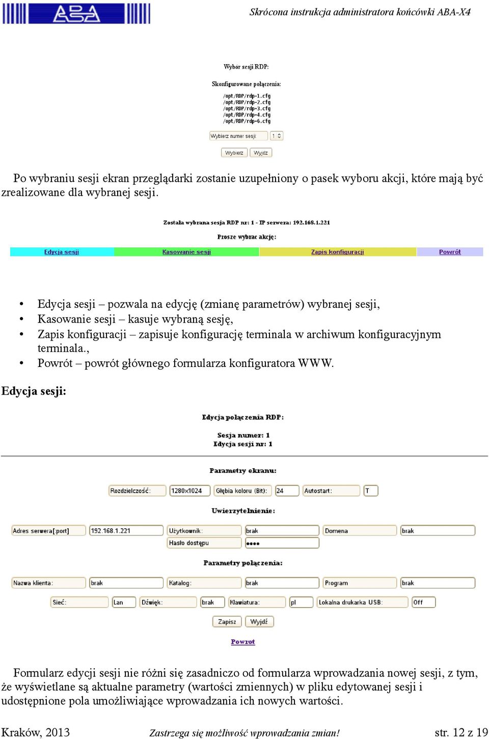 konfiguracyjnym terminala., Powrót powrót głównego formularza konfiguratora WWW.