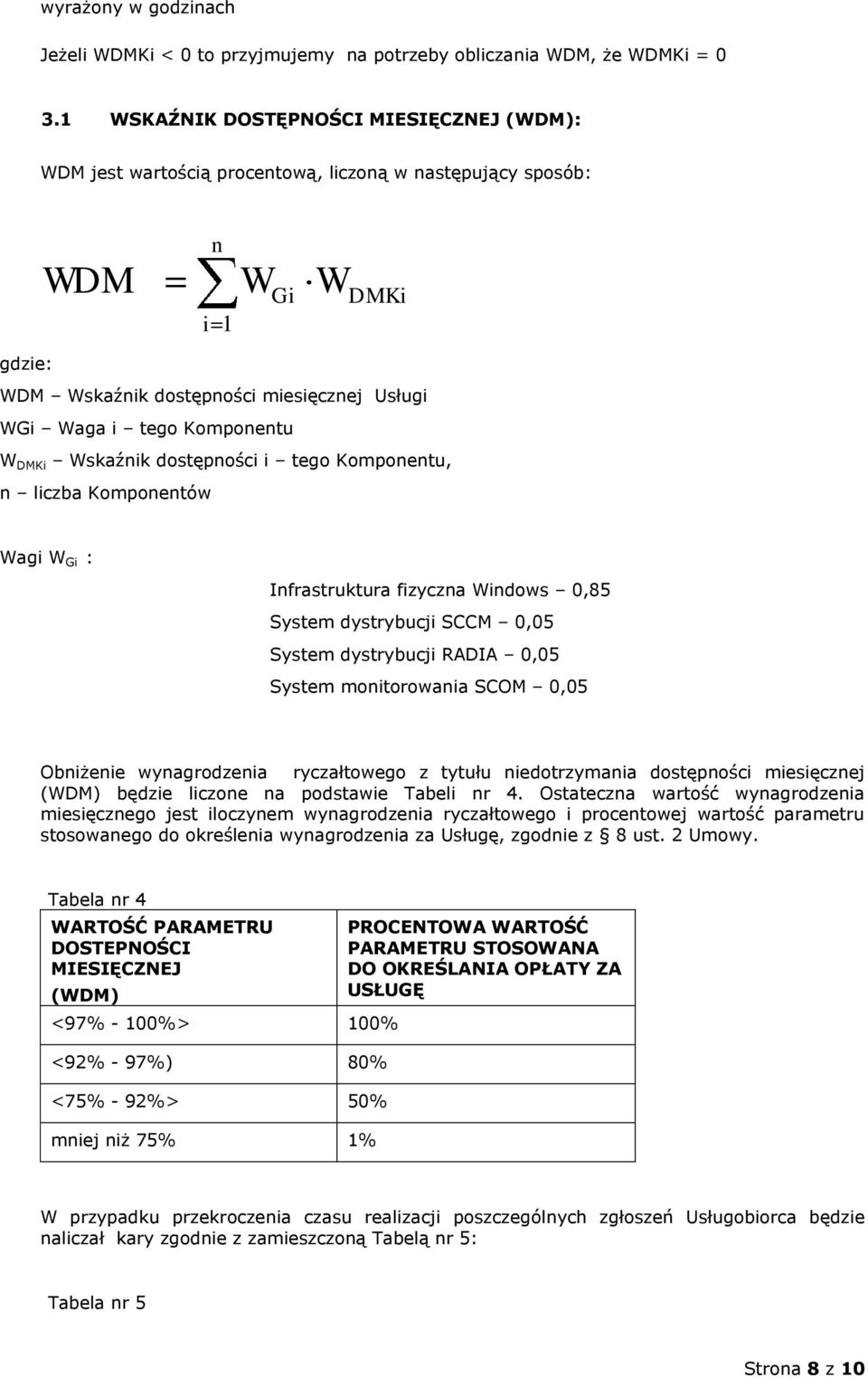 Komponentu W DMKi Wskaźnik dostępności i tego Komponentu, n liczba Komponentów Wagi W Gi : Infrastruktura fizyczna Windows 0,85 System dystrybucji SCCM 0,05 System dystrybucji RADIA 0,05 System