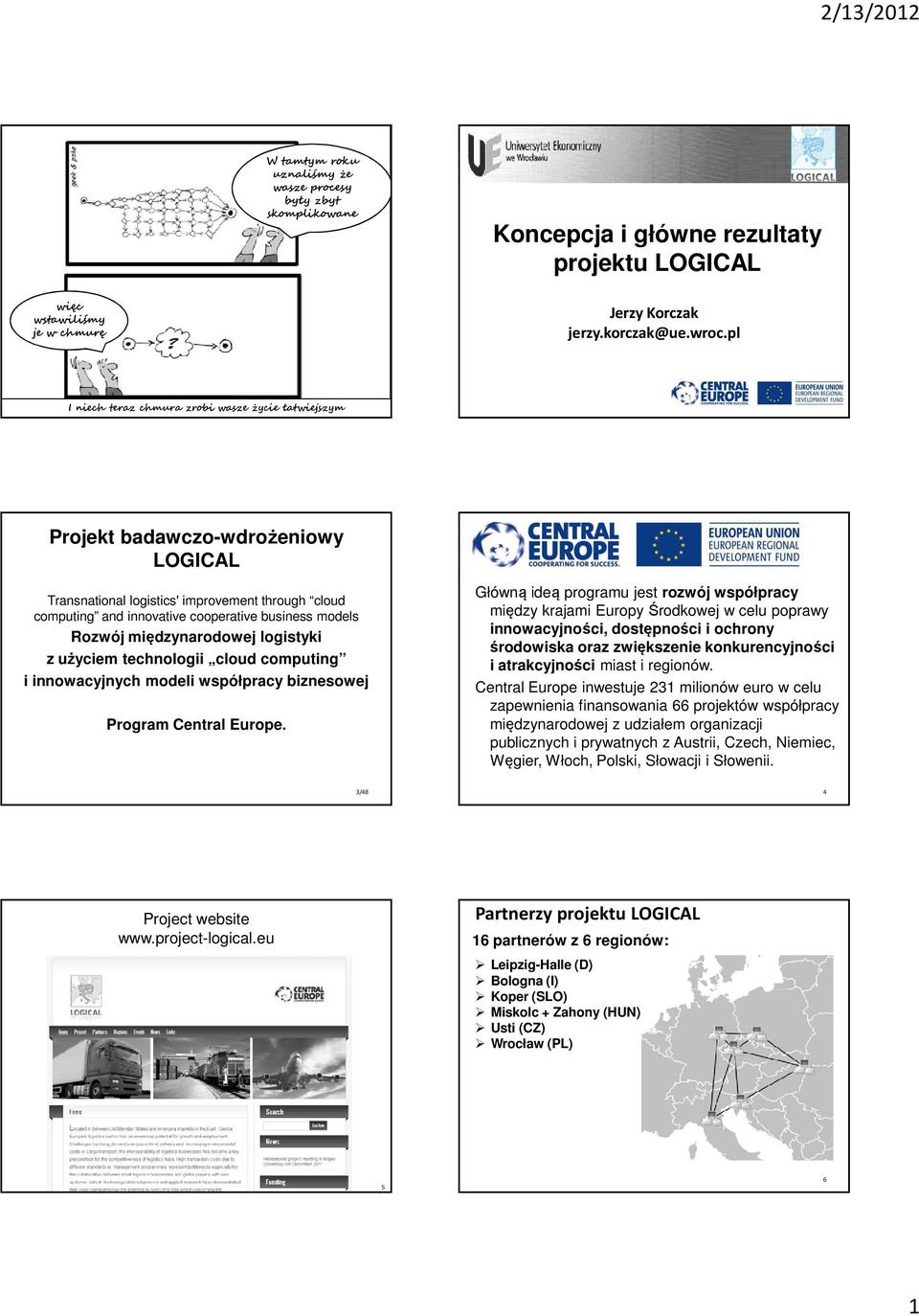 Rozwój międzynarodowej logistyki z użyciem technologii cloud computing i innowacyjnych modeli współpracy biznesowej Program Central Europe.