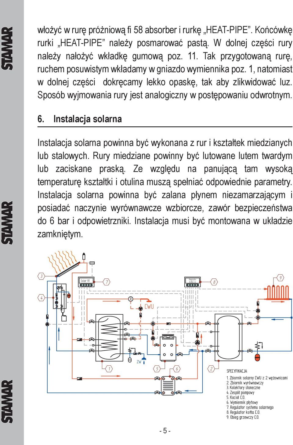 Sposób wyjmowania rury jest analogiczny w postępowaniu odwrotnym. 6. Instalacja solarna Instalacja solarna powinna być wykonana z rur i kształtek miedzianych lub stalowych.