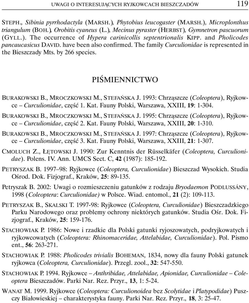 The family Curculionidae is represented in the Bieszczady Mts. by 266 species. PIŚMIENNICTWO BURAKOWSKI B., MROCZKOWSKI M., STEFAŃSKA J. 1993: Chrząszcze (Coleoptera), Ryjkowce Curculionidae, część 1.