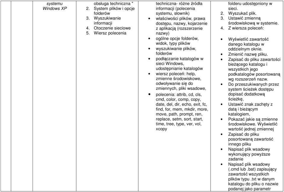 typy plików wyszukiwanie plików, folderów podłączanie katalogów w sieci Windows, udostępnianie katalogów wiersz poleceń: help, zmienne środowiskowe, odwoływanie się do zmiennych, pliki wsadowe,