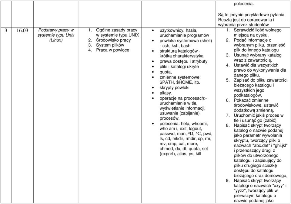 quota, zmienne systemowe: $PATH, $HOME, itp. skrypty powłoki aliasy. operacje na procesach:- uruchamianie w tle, wyświetlanie informacji, usuwanie (zabijanie) procesów.