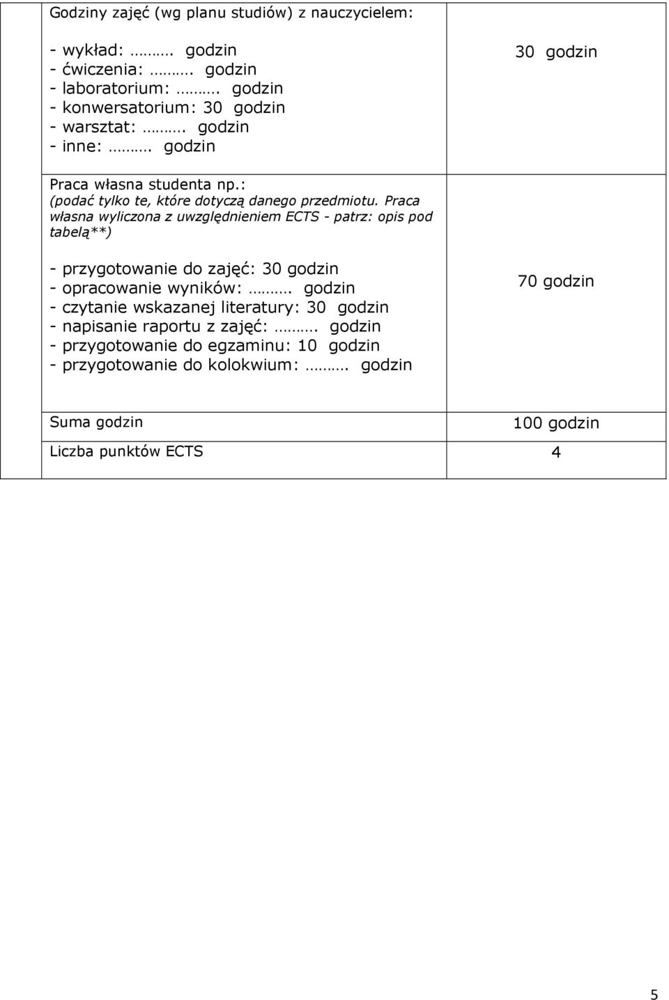 Praca własna wyliczona z uwzględnieniem ECTS - patrz: opis pod tabelą**) - przygotowanie do zajęć: 30 godzin - opracowanie wyników:.