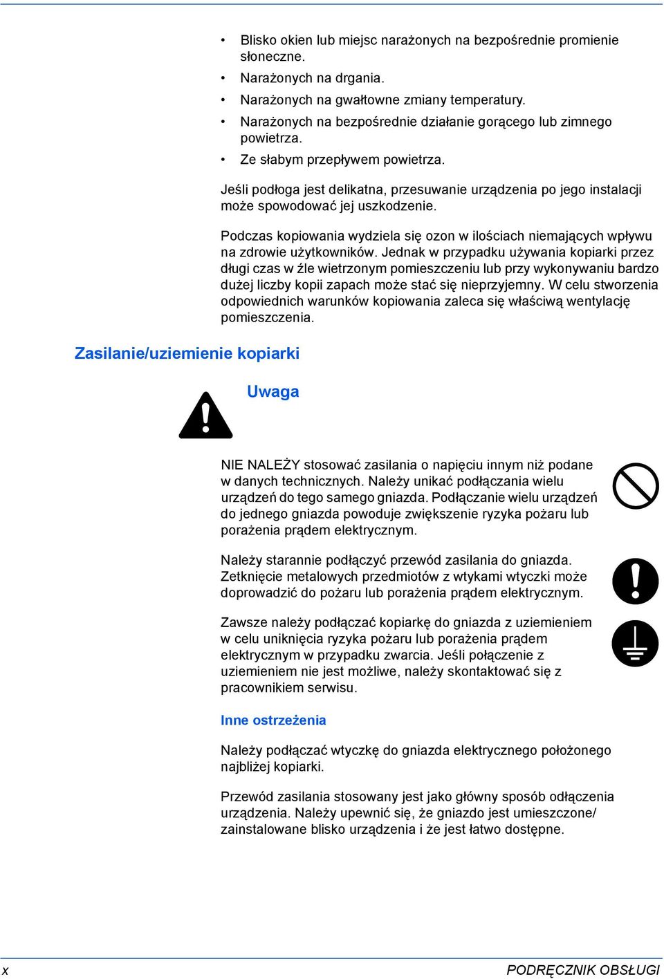 Jeśli podłoga jest delikatna, przesuwanie urządzenia po jego instalacji może spowodować jej uszkodzenie. Podczas kopiowania wydziela się ozon w ilościach niemających wpływu na zdrowie użytkowników.