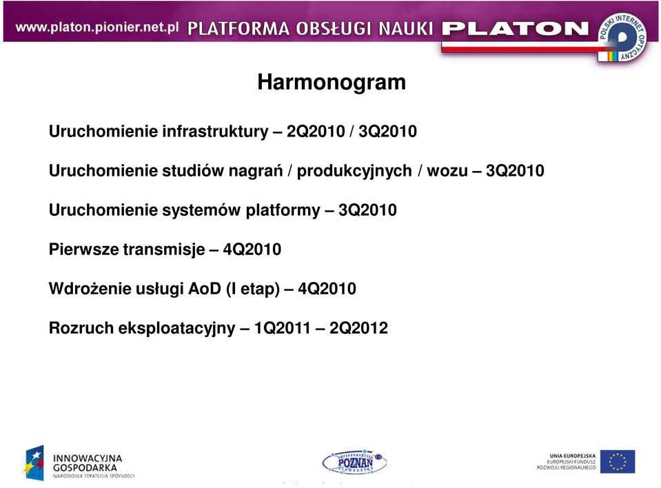 Uruchomienie systemów platformy 3Q2010 Pierwsze transmisje