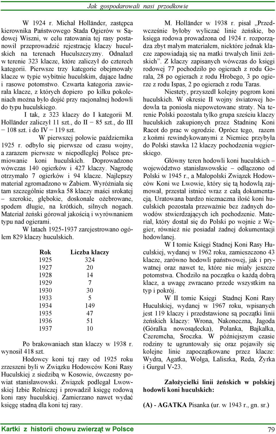 Odnalazł w terenie 323 klacze, które zaliczył do czterech kategorii. Pierwsze trzy kategorie obejmowały klacze w typie wybitnie huculskim, dające ładne i rasowe potomstwo.