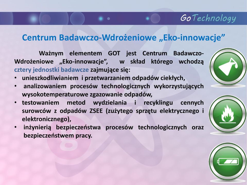 technologicznych wykorzystujących wysokotemperaturowe zgazowanie odpadów, testowaniem metod wydzielania i recyklingu cennych surowców