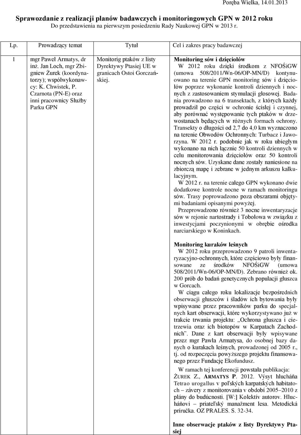 Czarnota (PN-E) oraz inni pracownicy Służby Parku GPN Monitorig ptaków z listy Dyrektywy Ptasiej UE w granicach Ostoi Gorczańskiej.